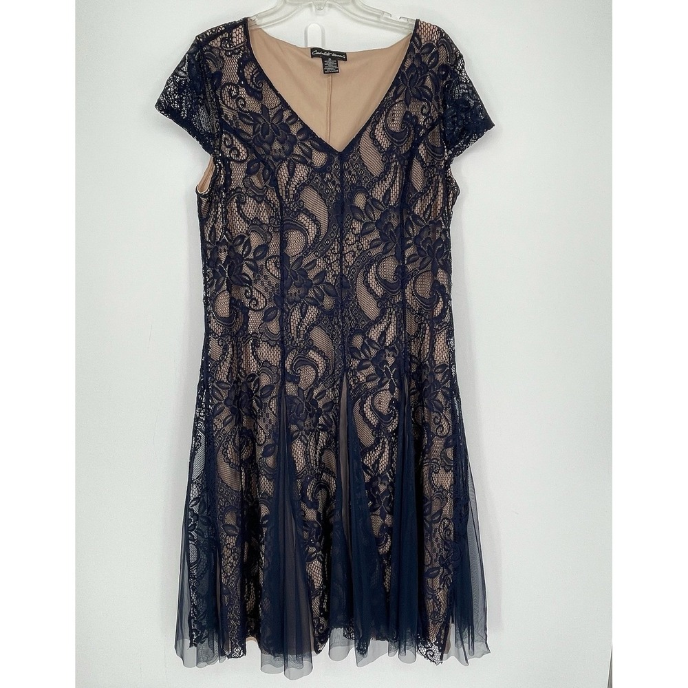 Candalite Women's Navy Lace Overlay V-Neck Fit & Flare Party Dress Plus Size 1X